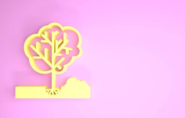 Желтая Посадка дерева в землю значок изолирован на розовом фоне. Садоводство, сельское хозяйство, забота об окружающей среде. Концепция минимализма. 3D-рендеринг — стоковое фото