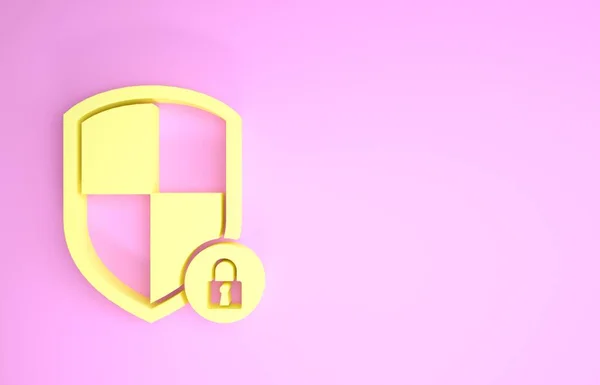 Gul sköld säkerhet med lås ikon isolerad på rosa bakgrund. Skydd, säkerhet, lösenordssäkerhet. Brandväggsåtkomstskylt. Minimalistiskt koncept. 3D-illustration 3D-återgivning — Stockfoto