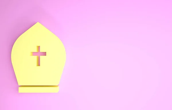 Yellow Pope hat icon isolated on pink background. Christian hat sign. Minimalism concept. 3d illustration 3D render — Stock Photo, Image