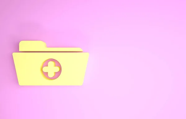 Amarelo pasta de registro de saúde médica para ícone de cuidados de saúde isolado em fundo rosa. Ícone de arquivo do paciente. Símbolo de história médica. Conceito de minimalismo. 3D ilustração 3D render — Fotografia de Stock