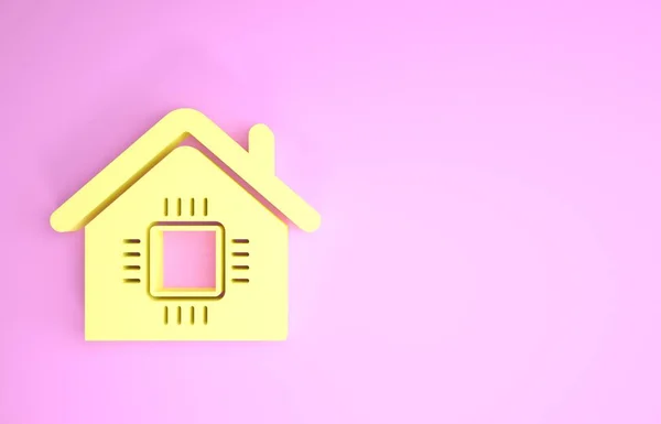 Ikon rumah cerdas kuning terisolasi pada latar belakang merah muda. Remote control. Konsep minimalisme. Tampilan 3D ilustrasi 3d — Stok Foto