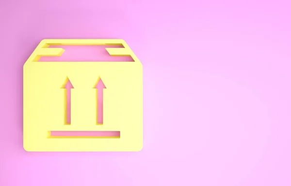 Жовта картонна коробка з символом руху ізольована на рожевому фоні. Коробка, пакунок, знак посилки. Доставка, перевезення та доставка. Концепція мінімалізму. 3D ілюстрація 3D рендеринга — стокове фото