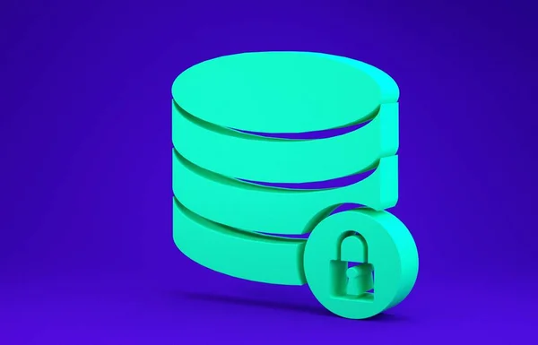Green Server ασφάλεια με κλειστό εικονίδιο λουκέτο απομονώνονται σε μπλε φόντο. Βάση δεδομένων και κλειδαριά. Ασφάλεια, ασφάλεια, έννοια προστασίας. Μινιμαλιστική έννοια. 3D απεικόνιση 3d καθιστούν — Φωτογραφία Αρχείου