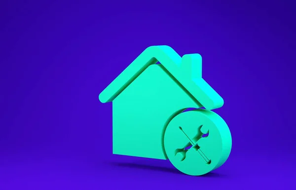 Green House o casa con destornillador e icono de la llave inglesa aislado sobre fondo azul. Ajuste, servicio, ajuste, mantenimiento, reparación, fijación. Concepto minimalista. 3D ilustración 3D render — Foto de Stock