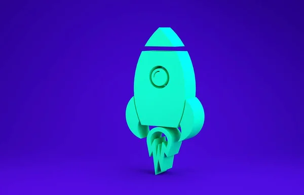 Navio Foguete Verde com ícone de fogo isolado no fundo azul. Viagem espacial. Conceito de minimalismo. 3D ilustração 3D render — Fotografia de Stock