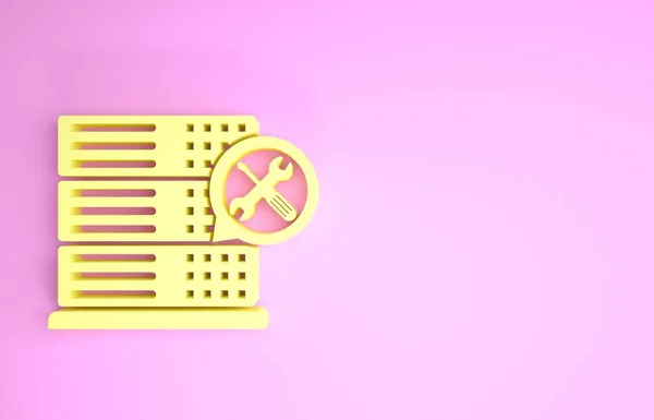 Gul databasserver med skruvmejsel och skiftnyckel ikon isolerad på rosa bakgrund. Justering, service, inställning, underhåll, reparation, fixering. Minimalistiskt koncept. 3D-illustration 3D-återgivning — Stockfoto