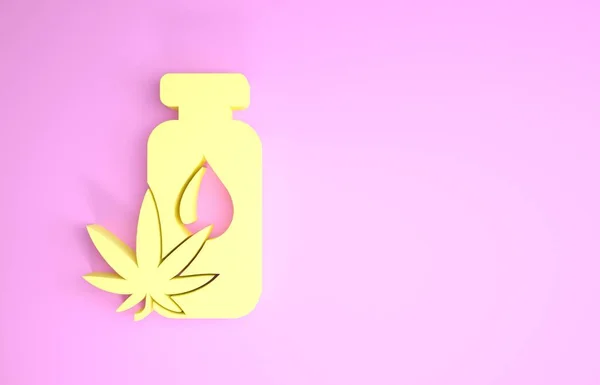 Sarı Tıbbi marihuana veya kenevir yaprağı zeytinyağı ikonu pembe arka planda izole edilmiş. Esrar özütü. Kenevir sembolü. Minimalizm kavramı. 3d illüstrasyon 3d canlandırma — Stok fotoğraf