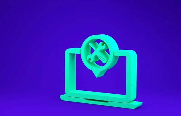 Green Laptop se šroubovákem a klíčem ikona izolované na modrém pozadí. Nastavení, servis, nastavení, údržba, opravy, opravy. Minimalismus. 3D ilustrace 3D vykreslení — Stock fotografie