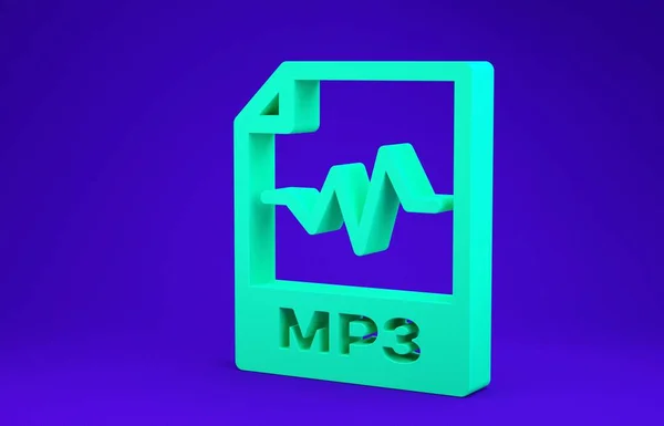 Zelený dokument MP3. Stáhnout mp3 tlačítko ikonu izolované na modrém pozadí. Mp3 music format sign. Symbol souboru MP3. Minimalismus. 3D ilustrace 3D vykreslení — Stock fotografie