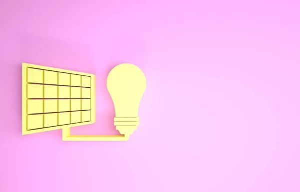Κίτρινος πίνακας ηλιακής ενέργειας και εικονίδιο λαμπτήρα απομονώνονται σε ροζ φόντο. Μινιμαλιστική έννοια. 3D απεικόνιση 3d καθιστούν — Φωτογραφία Αρχείου