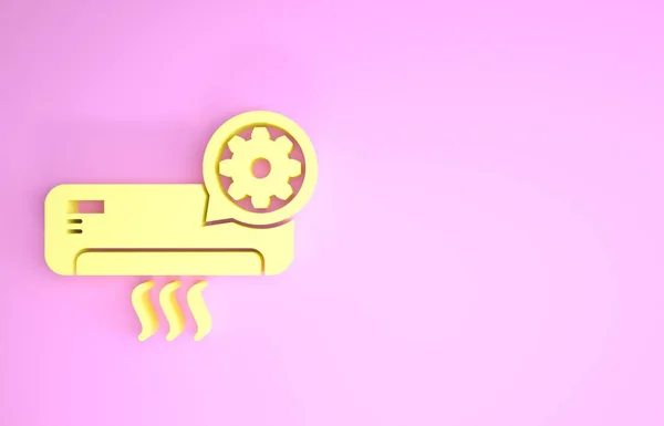 Żółty Klimatyzator i ikona biegów izolowane na różowym tle. Regulacja aplikacji, koncepcja usługi, opcje ustawień, konserwacja, naprawa, naprawa. Koncepcja minimalizmu. Ilustracja 3d — Zdjęcie stockowe