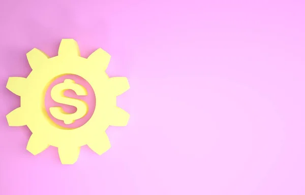 Žlutá převodovka s ikonou dolarového symbolu izolované na růžovém pozadí. Obchodní a finanční koncepční ikona. Minimalismus. 3D ilustrace 3D vykreslení — Stock fotografie
