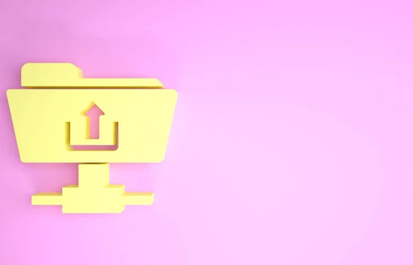 Icono amarillo de carga de carpetas FTP aislado sobre fondo rosa. Actualización de software, protocolo de transferencia, enrutador, gestión de herramientas de trabajo en equipo, proceso de copia. Concepto minimalista. 3D ilustración 3D render — Foto de Stock