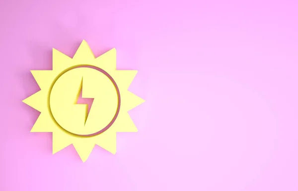 노란색 태양 에너지 패널 아이콘 핑크 배경에 분리. 번개의 상징을 가진 태양. 최소성 개념. 3D 일러스트 3D 렌더링 — 스톡 사진
