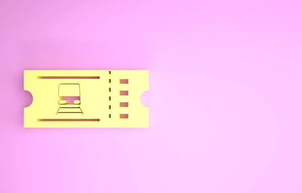 Żółta ikona biletu kolejowego izolowana na różowym tle. Podróż koleją. Koncepcja minimalizmu. Ilustracja 3d — Zdjęcie stockowe