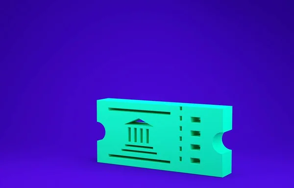 青の背景に隔離された緑の博物館のチケットアイコン。歴史博物館チケットクーポンイベントは展覧会の遠足を認める。最小限の概念。3Dイラスト3Dレンダリング — ストック写真