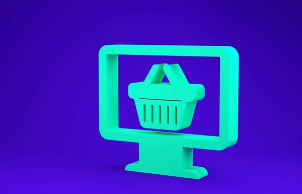 Monitor per computer verde con icona del carrello isolato su sfondo blu. Carrello della spesa online. Simbolo del cesto del supermercato. Concetto minimalista. Illustrazione 3d rendering 3D — Foto Stock