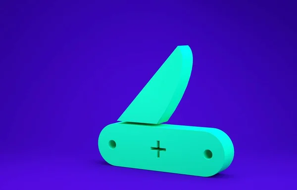 Icona del coltello svizzero verde isolato su sfondo blu. Coltello multiutensile multiuso. Strumento multifunzionale. Concetto minimalista. Illustrazione 3d rendering 3D — Foto Stock