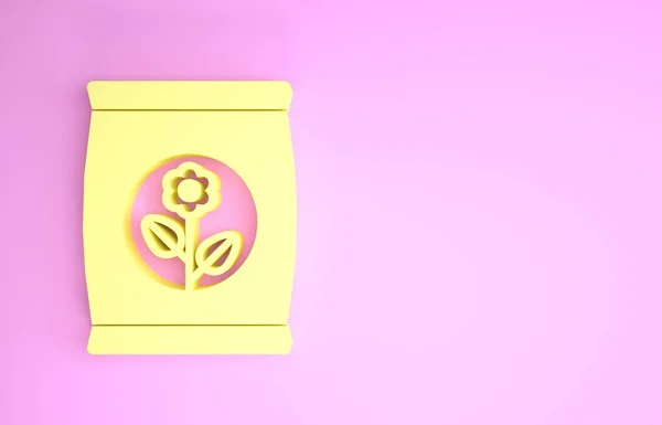 Κίτρινη σακούλα λίπασμα απομονώνεται σε ροζ φόντο. Μινιμαλιστική έννοια. 3d απεικόνιση 3D καθιστούν — Φωτογραφία Αρχείου