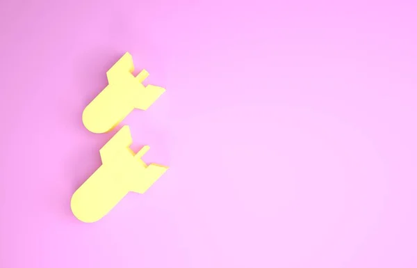 Желтый значок авиационной бомбы на розовом фоне. Ракетная бомба падает. Концепция минимализма. 3D-рендеринг — стоковое фото