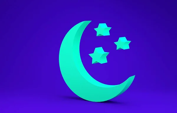 Green Moon and stars icon isolated on blue background. Minimalism concept. 3d illustration 3D render — Stock Photo, Image