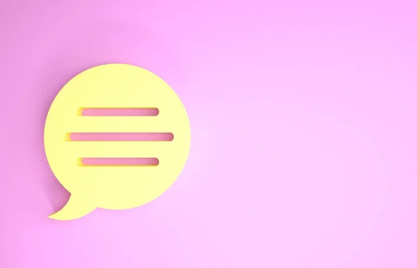 Yellow Speech Bubble chat ikon elszigetelt rózsaszín alapon. Üzenet ikon. Kommunikáció vagy megjegyzés chat szimbólum. Minimalizmus koncepció. 3d illusztráció 3D render — Stock Fotó