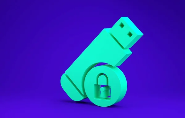 Mavi arkaplanda kapalı asma kilit simgesine sahip yeşil Usb flash diski izole edildi. Güvenlik, güvenlik, koruma kavramı. Minimalizm kavramı. 3d illüstrasyon 3d canlandırma — Stok fotoğraf