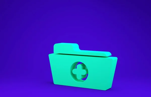 Cartella medica verde per l'icona sanitaria isolata su sfondo blu. Icona del file del paziente. Simbolo della storia medica. Concetto minimalista. Illustrazione 3d rendering 3D — Foto Stock