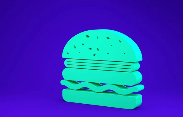 Ikona Green Burger odizolowana na niebieskim tle. Ikona hamburgera. Znak kanapki z cheeseburgerem. Koncepcja minimalizmu. Ilustracja 3d — Zdjęcie stockowe