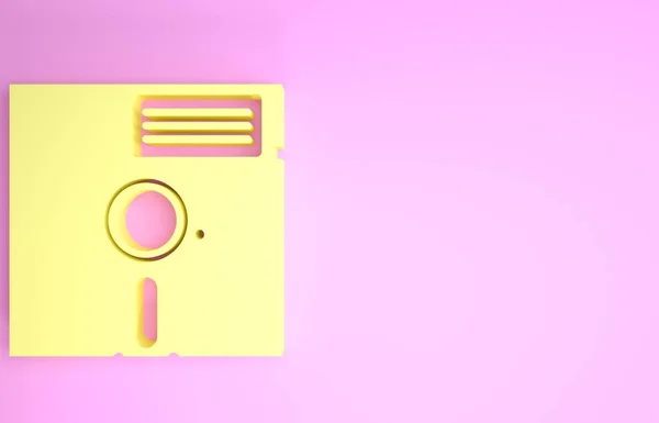 Gelbe Diskette im 5,25-Zoll-Symbol isoliert auf rosa Hintergrund. Diskette für die Speicherung von Computerdaten. Diskettenzeichen. Minimalismus-Konzept. 3D Illustration 3D Renderer — Stockfoto
