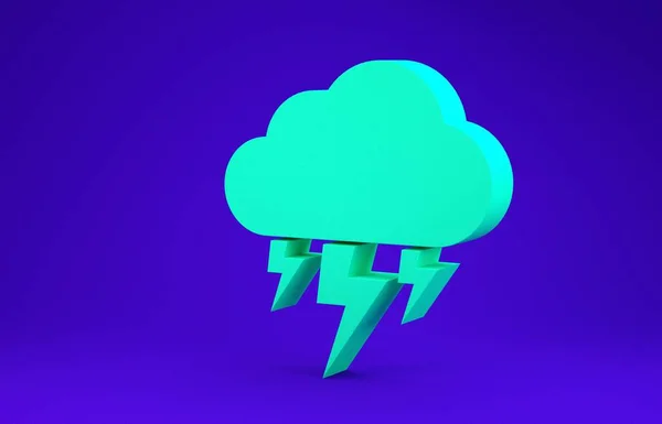 Ikona zelené bouře izolovaná na modrém pozadí. Mraky a blesky. Ikona počasí bouře. Minimalismus. 3D ilustrace 3D vykreslení — Stock fotografie