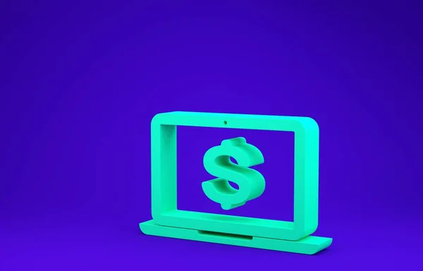 绿色笔记本电脑与美元符号图标隔离在蓝色背景. 网上购物的概念。 节约概念。 最低纲领的概念。 3d说明3d — 图库照片