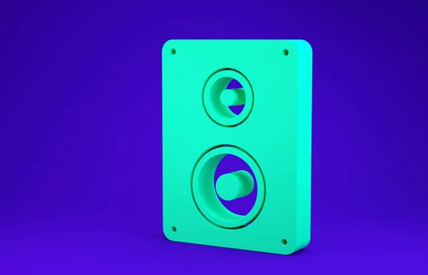 Icono de altavoz estéreo verde aislado sobre fondo azul. Altavoces del sistema de sonido. Icono musical. Equipo de altavoz de columna musical bajo. Concepto minimalista. 3D ilustración 3D render — Foto de Stock