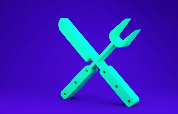 Grün gekreuzte Gabel und Messer-Symbol isoliert auf blauem Hintergrund. Grillgabel und Messerschild. Grill und Grillgeräte. Minimalismus-Konzept. 3D Illustration 3D Renderer — Stockfoto