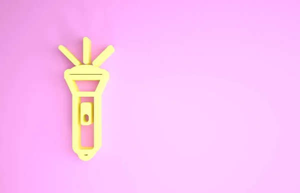 Ikon lampu senter kuning terisolasi pada latar belakang merah muda. Konsep minimalisme. Tampilan 3D ilustrasi 3d — Stok Foto