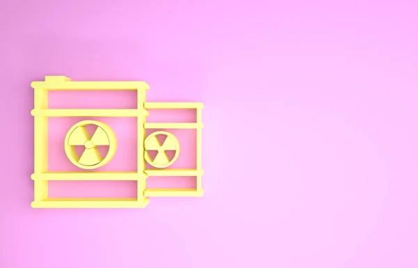Yellow Radioactive waste in barrel icon isolated on pink background. Toxic refuse keg. Radioactive garbage emissions, environmental pollution. Minimalism concept. 3d illustration 3D render
