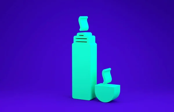 Ícone de recipiente Thermos verde isolado no fundo azul. Ícone de garrafa térmica. Equipamento de campismo e caminhadas. Conceito de minimalismo. 3D ilustração 3D render — Fotografia de Stock