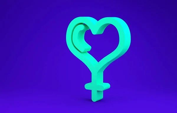 Grünes weibliches Geschlechtssymbol und Herzsymbol isoliert auf blauem Hintergrund. Venussymbol. das Symbol für einen weiblichen Organismus oder eine Frau. Minimalismus-Konzept. 3D Illustration 3D Renderer — Stockfoto