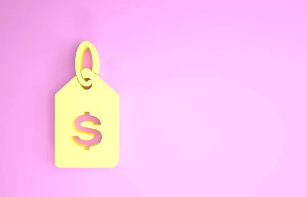Żółta metka z ikoną dolara na różowym tle. Odznaka za cenę. Sprzedaż z symbolem dolara. Rabat promocyjny. Koncepcja minimalizmu. Ilustracja 3d — Zdjęcie stockowe