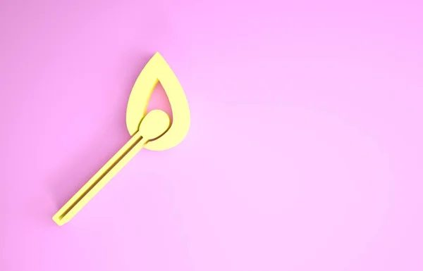 노란 불붙은 성냥 과 불의 아이콘 이 핑크 배경에서 분리되었습니다. 불과일치 한다. 일치하는 사인. 최소성 개념. 3D 일러스트 3D 렌더링 — 스톡 사진
