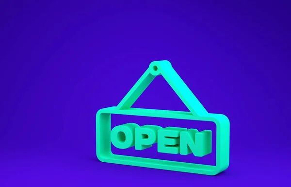 Panneau suspendu vert avec texte Icône de porte ouverte isolée sur fond bleu. Concept de minimalisme. Illustration 3D rendu 3D — Photo