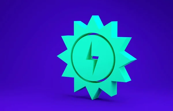 푸른 배경에 분리 된 녹색 태양 에너지 패널 아이콘. 번개의 상징을 가진 태양. 최소성 개념. 3D 일러스트 3D 렌더링 — 스톡 사진
