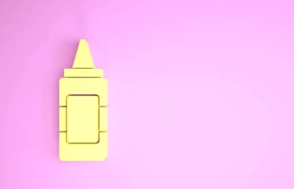 Ícone de garrafa de mostarda amarela isolado no fundo rosa. Conceito de minimalismo. 3D ilustração 3D render — Fotografia de Stock