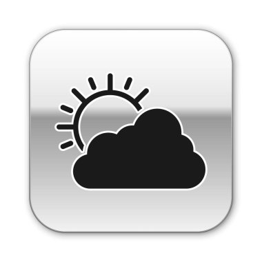 Siyah Güneş ve bulut hava simgesi beyaz arka plan üzerinde izole. Gümüş kare düğme. Vektör İllüstrasyonu