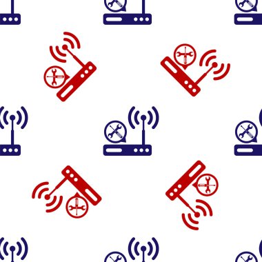 Mavi ve kırmızı Router wi-fi ile tornavida ve anahtar ikonu beyaz arka planda izole edilmiş pürüzsüz desen. Ayarlama, servis, ayar, bakım, onarım, onarım. Vektör İllüstrasyonu