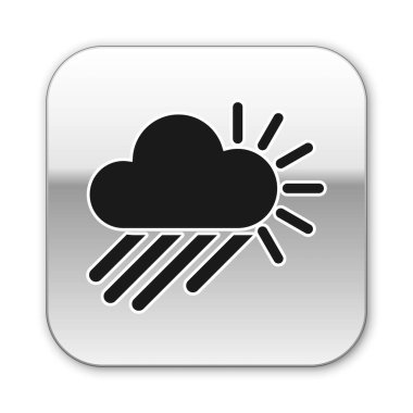 Siyah bulutlu, yağmurlu ve beyaz arka planda izole edilmiş güneş ikonu. Yağmur damlaları ile yağmur bulutu yağışı. Gümüş kare düğme. Vektör İllüstrasyonu