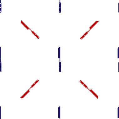 Mavi ve kırmızı barbekü bıçağı ikonu beyaz arka planda izole edilmiş pürüzsüz desen. Mutfak bıçağı ikonu. Barbekü bıçağı işareti. Barbekü ve ızgara aleti. Vektör İllüstrasyonu