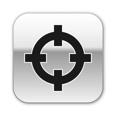 Siyah hedef sporu beyaz arka planda izole edilmiş ikon çekimi için. Atış mesafesi ya da atış mesafesi için sayıları olan temiz bir hedef. Gümüş kare düğme. Vektör İllüstrasyonu