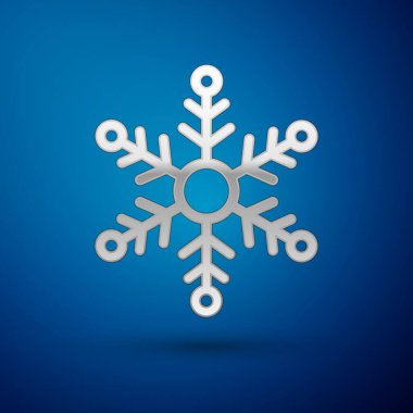 Gümüş Kar Tanesi simgesi mavi arkaplanda izole edildi. Vektör İllüstrasyonu