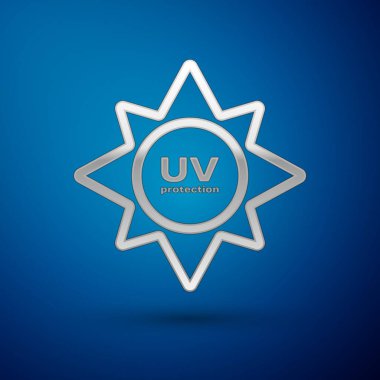 Gümüş Uv koruma simgesi üzerinde mavi arka plan izole. Ultra mor ışınları radyasyon. SPF Paz Üye. Vektör çizim